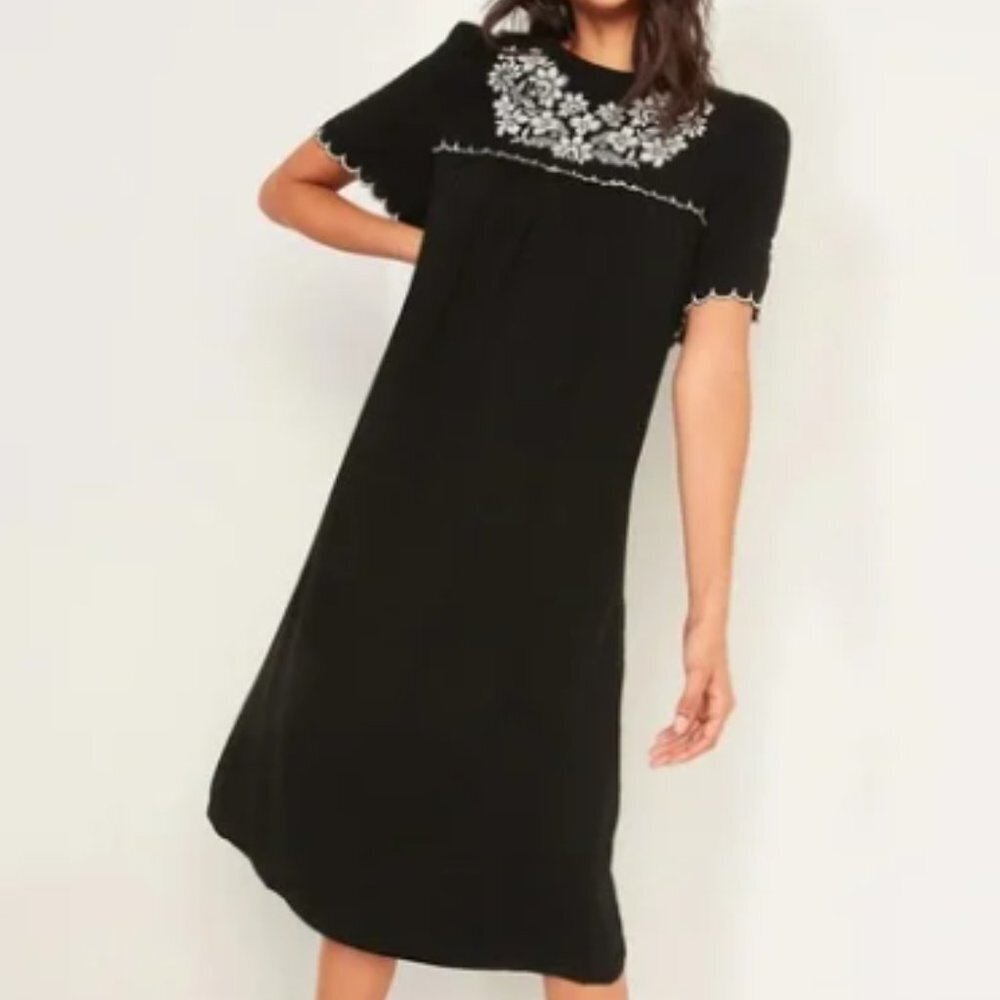 NWOT Old Navy Women Floral Embroidered Black White Boho Midi whimsigoth Dress XS